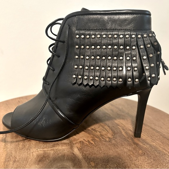 Saint Laurent NWT Black Leather Studded Fringe Open Toe Lace Up Booties Size 35 - Picture 5 of 10